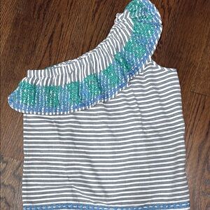 NWT Boutique Asymmetrical Blue and Green Ruffled Blouse